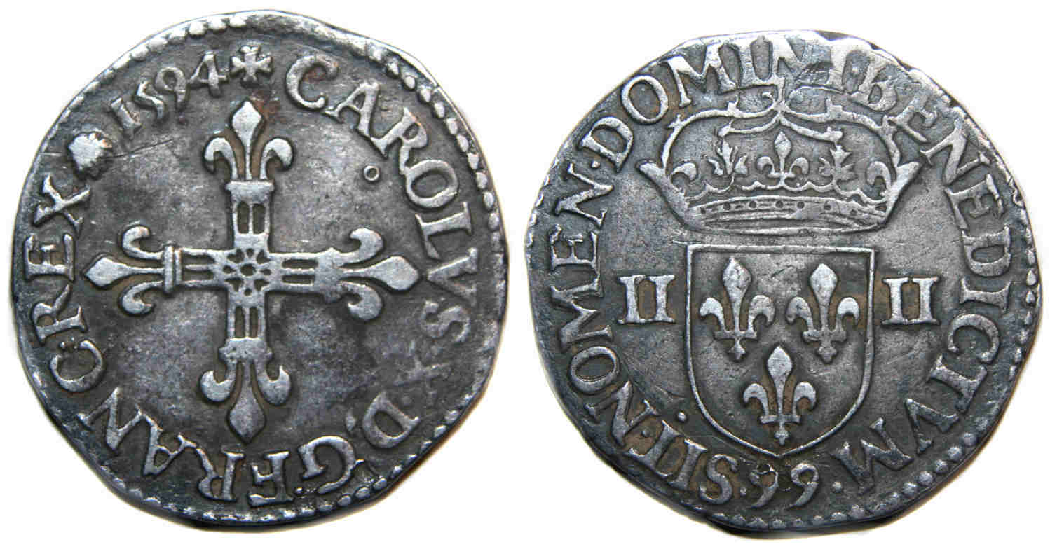Monnaies de Charles X-quart ecu-1594-DINAN