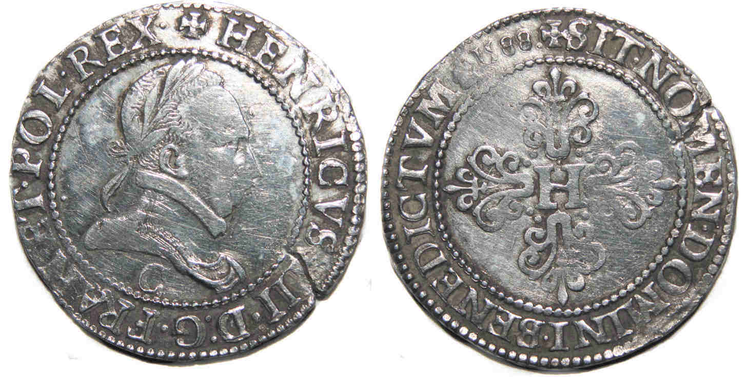 Monnaies royales francaises-HENRI III-demi franc-1588-ST LO