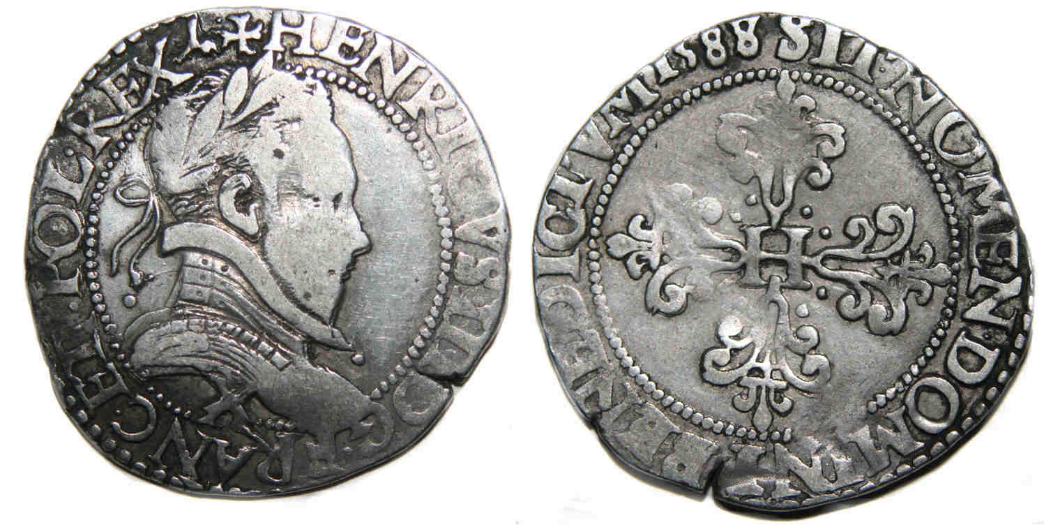 Monnaies royales francaises-HENRI III-demi franc-1588-AMIENS