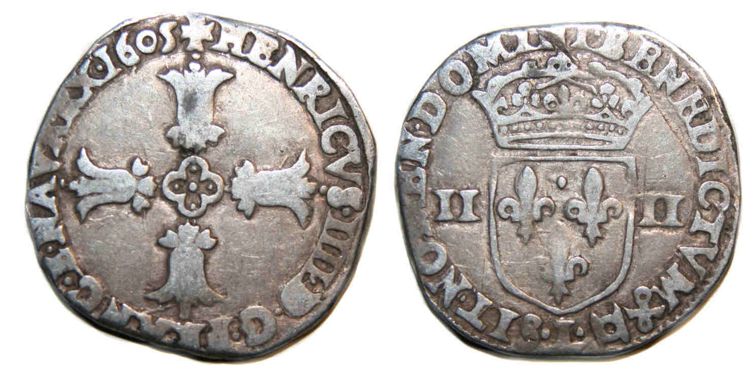 Monnaies royales-HENRI IV-quart écu-1605-BAYONNE